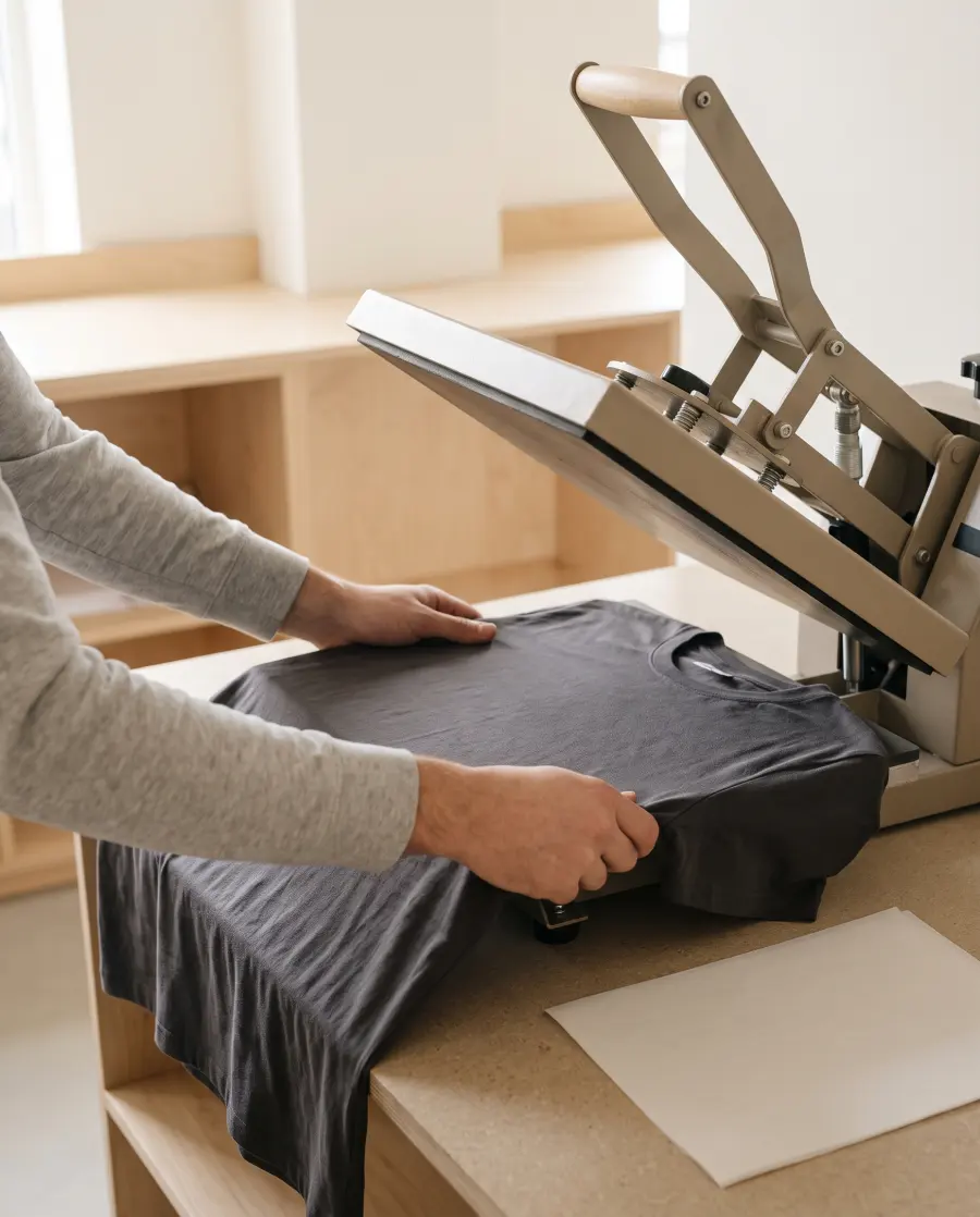Mâini care așază un tricou într-o presă de transfer