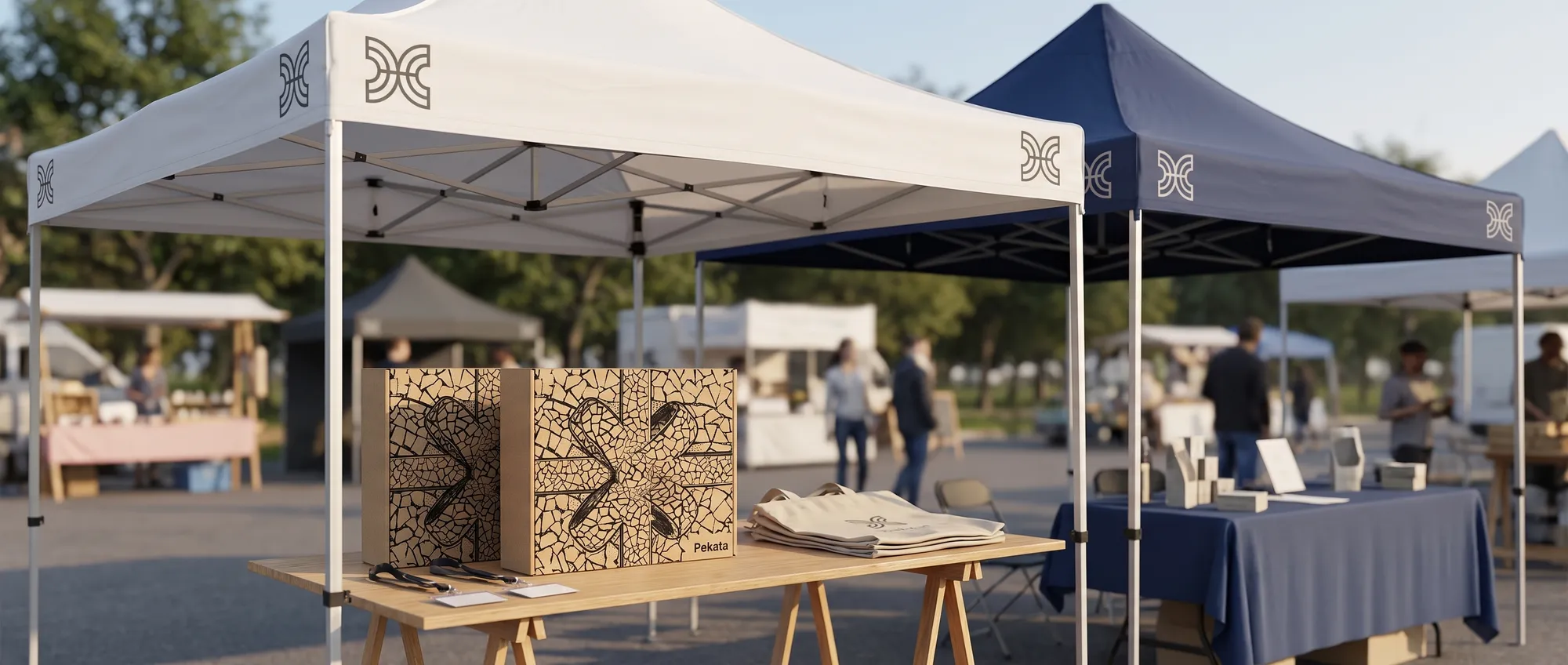 3 × 3 metre pop-up gazebo with the canopy and valance printed with a company logo at an outdoor trade show
