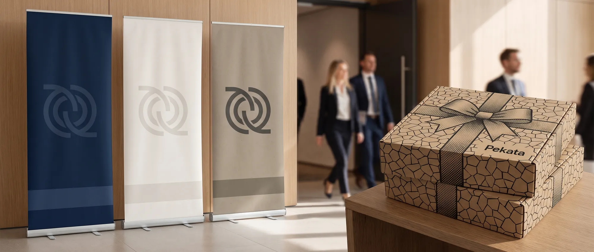 Roll up personalizat de 85 × 200 cm cu logo-ul unei companii, lângă un tejghea de târg