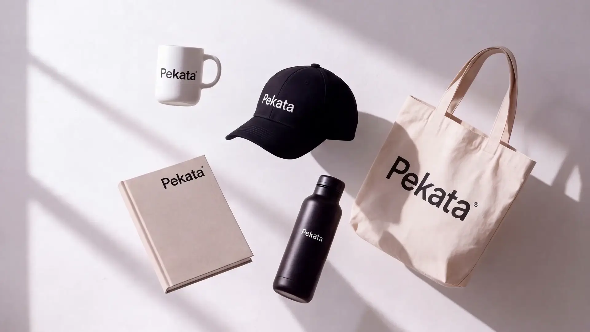 Produse de merchandising nemarcate pe o masă de lemn deschis